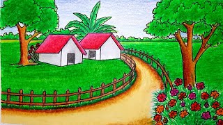 How to draw village scenery step by step very easylandscape drawings easy real village scenery [upl. by Hamachi]