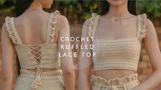 Crochet Ruffled Lace Top Tutorial  Chenda DIY [upl. by Sseb]