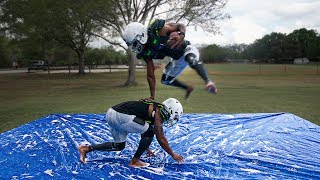 PLAYING TACKLE FOOTBALL ON A SLIP AND SLIDE PT 2 [upl. by Theona284]