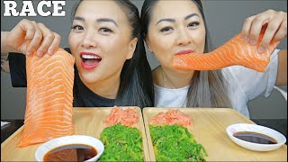 RAW SALMON SASHIMI RACE CHALLENGE SISTER REUNITED EDITION LETS EAT  SASVlogs [upl. by Wills792]