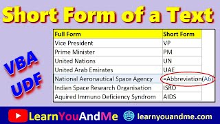 Abbreviation Function In Excel VBA UDF for Short form  Abbreviation  Acronym [upl. by Polito410]