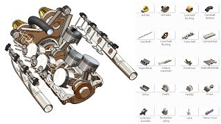 SolidWorks RE Tutorial 320  Car Engine complete video 2 turbo V6  advanced assembly [upl. by Mundy]