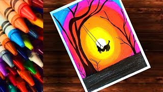 Wax colour Drawing tutorial for beginners l Wax Crayons painting  Step by step Beautiful Scenery [upl. by Rind770]