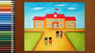 School Drawing  How To Draw a School Scene Step by Step for Kids [upl. by Derfla]