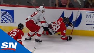 Patrick Kane And Jonathan Toews Go After Sebastian Aho For Hit From Behind At Conclusion Of Game [upl. by Aicnetroh]