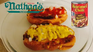 Chili Dog Recipe  Nathan’s amp Hormel Chili  What’s For Dinner [upl. by Lundgren395]