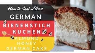 Bienenstich Kuchen German Bee Sting Cake Sweet Almond Honey Yeast Dough filled with a Cream Filing [upl. by Aihsirt]