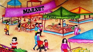 How To Draw Market Scenery step by step easy  Market Drawing [upl. by Armillda]