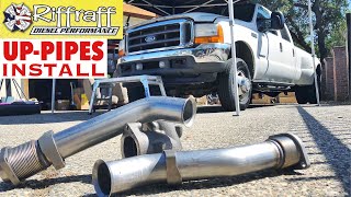 2001 F350 73  RiffRaff UpPipes Install  Stock up pipes leaking and falling apart JUNK SP [upl. by Epoillac366]