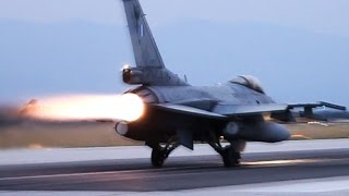 HAF F16  Dusk Takeoffs with Afterburner  Volos Airport  Loud F16 in Action [upl. by Anela]