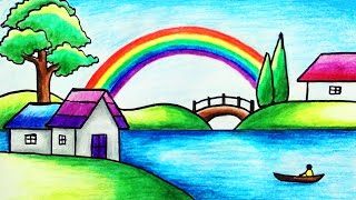 How to Draw Rainbow Scenery with Color Pencils for Beginners  Easy Rainbow Scenery Drawing [upl. by Berck]