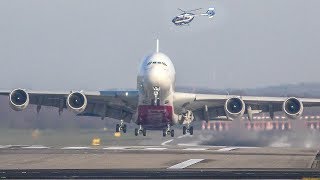 AIRBUS A380 DEPARTURE with a HELICOPTER passing behind  A380 LANDING 4K [upl. by Enerol]