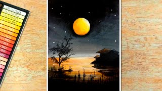 How to Draw Moonlight Scenery  Easy Oil Pastel Drawing for Beginners step by step  46 [upl. by Asilav820]