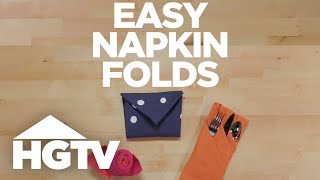 3 Easy Napkin Folds  HGTV [upl. by Ellenad]