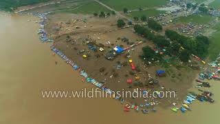 Triveni Sangam at Allahabad where Ganga Yamuna and mythical Saraswati meet aerial view [upl. by Cone404]